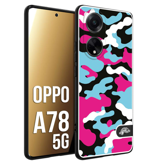 CUSTOMIZZA - Custodia cover nera morbida in tpu compatibile per Oppo A78 5G camouflage mimetico militare fucsia celeste