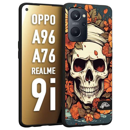 CUSTOMIZZA - Custodia cover nera morbida in tpu compatibile per Oppo Realme 9i - A96 - A76 teschio skull flowers fiori tattoo disegnato alta definizione