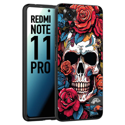 CUSTOMIZZA - Custodia cover nera morbida in tpu compatibile per Xiaomi Redmi Note 11 PRO teschio skull flowers fiori rose rosse tattoo disegnato