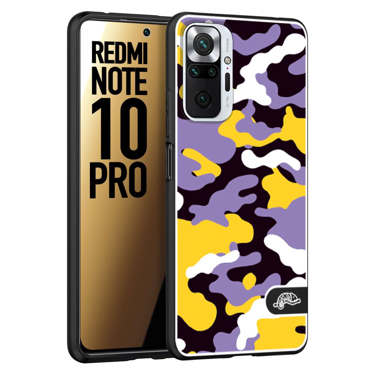 CUSTOMIZZA - Custodia cover nera morbida in tpu compatibile per Xiaomi Redmi Note 10 PRO camouflage mimetico militare viola lilla giallo