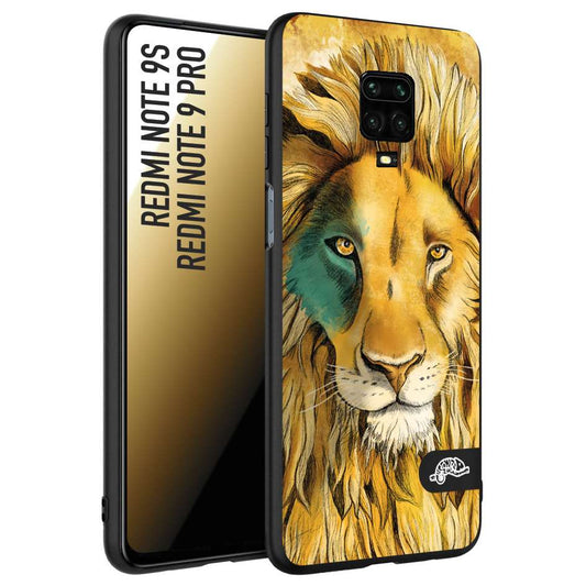 CUSTOMIZZA - Custodia cover nera morbida in tpu compatibile per Xiaomi Redmi Note 9S - Note 9 PRO leone lion disegnato a mano giallo blu a rilievo artistico brown