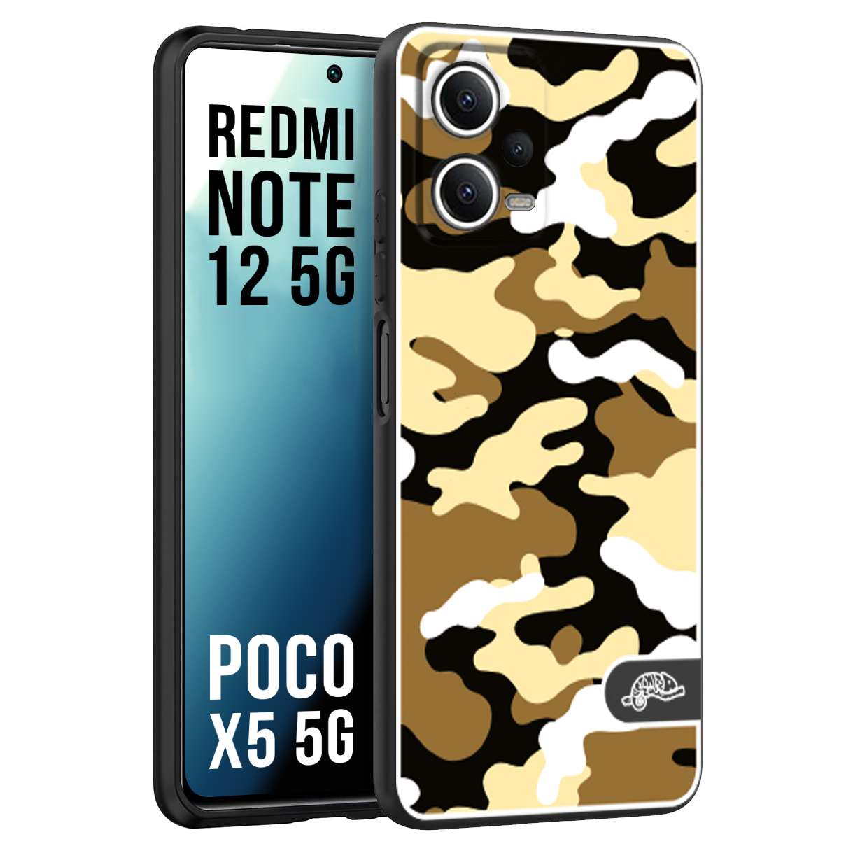 CUSTOMIZZA - Custodia cover nera morbida in tpu compatibile per Xiaomi Redmi Note 12 - POCO X5 5G camouflage mimetico militare giallo desert brown