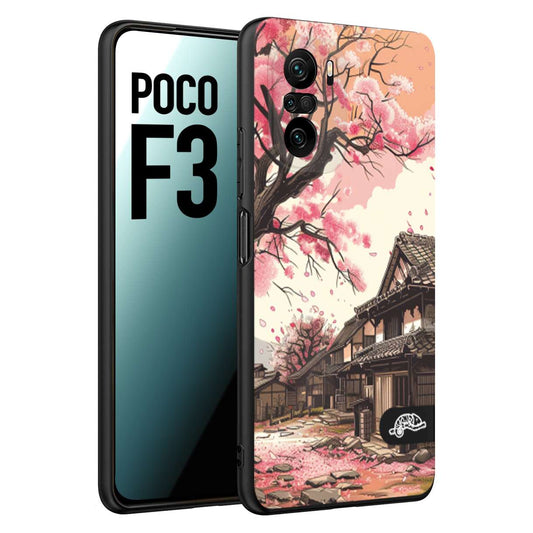 CUSTOMIZZA - Custodia cover nera morbida in tpu compatibile per Xiaomi Poco F3 casa giapponese rosa ciliegio in fiore disegnata tattoo