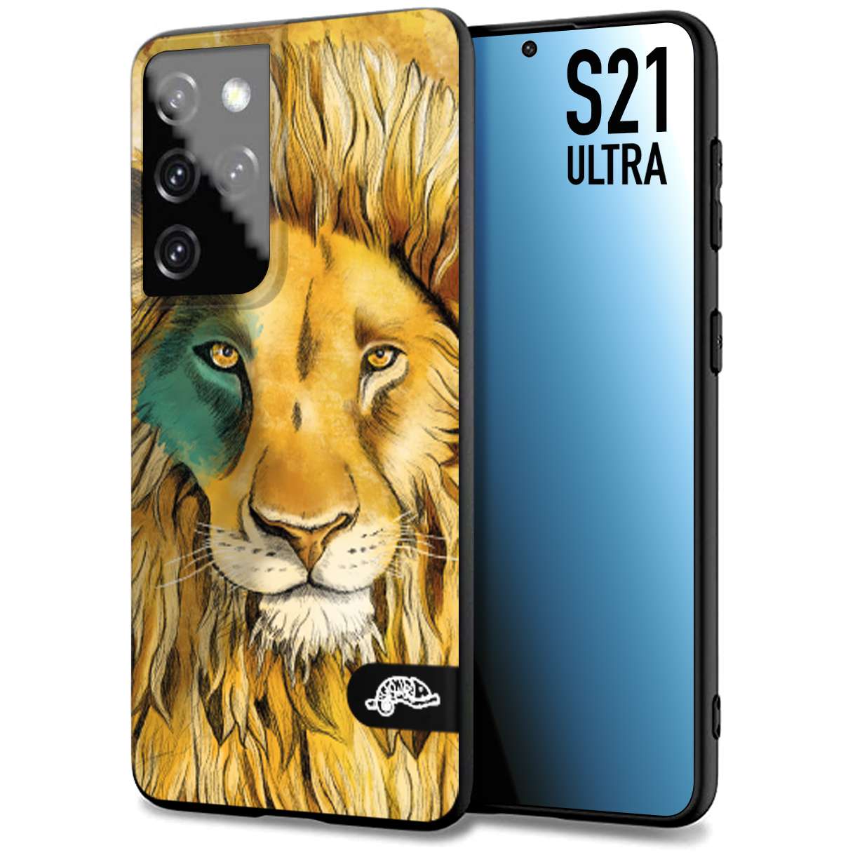 CUSTOMIZZA - Custodia cover nera morbida in tpu compatibile per Samsung S21 ULTRA leone lion disegnato a mano giallo blu a rilievo artistico brown