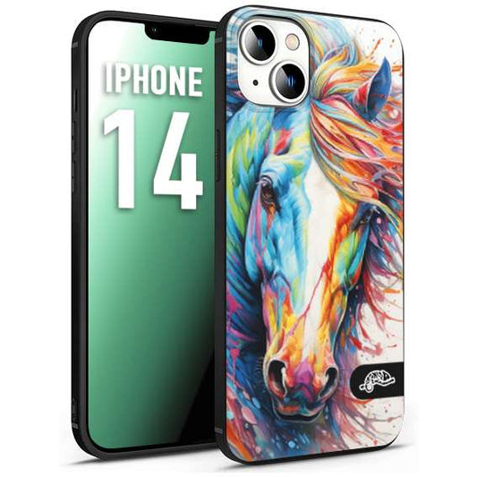 CUSTOMIZZA - Custodia cover nera morbida in tpu compatibile per iPhone 14 animali color cavallo horse viso colori vibranti disegnato schizzo