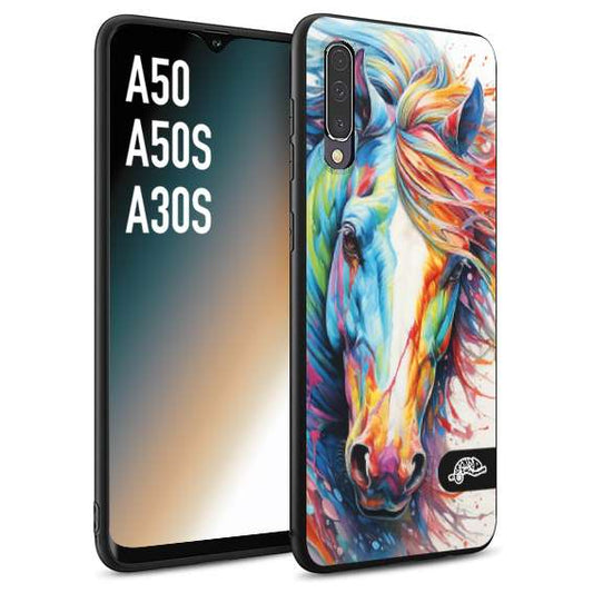 CUSTOMIZZA - Custodia cover nera morbida in tpu compatibile per Samsung A50 - A50S - A30S animali color cavallo horse viso colori vibranti disegnato schizzo