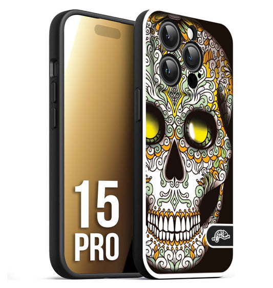 CUSTOMIZZA - Custodia cover nera morbida in tpu compatibile per iPhone 15 PRO teschio messicano Mexican skull bianco verde giallo