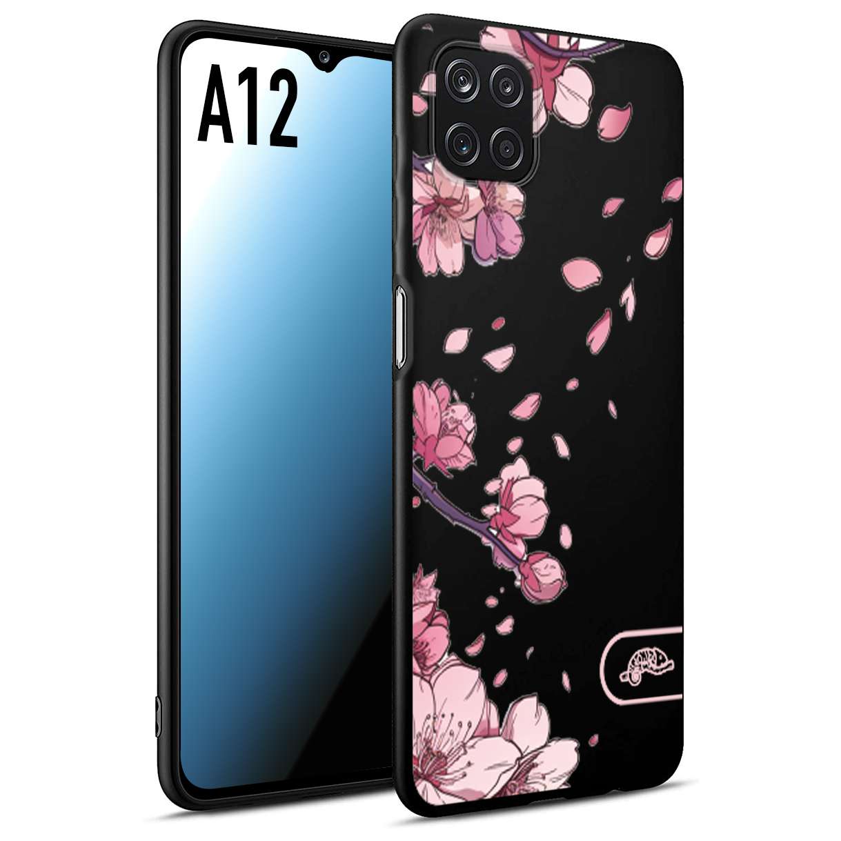 CUSTOMIZZA - Custodia cover nera morbida in tpu compatibile per Samsung A12 giapponese fiori di ciliegio in fiore a rilievo disegnata tattoo