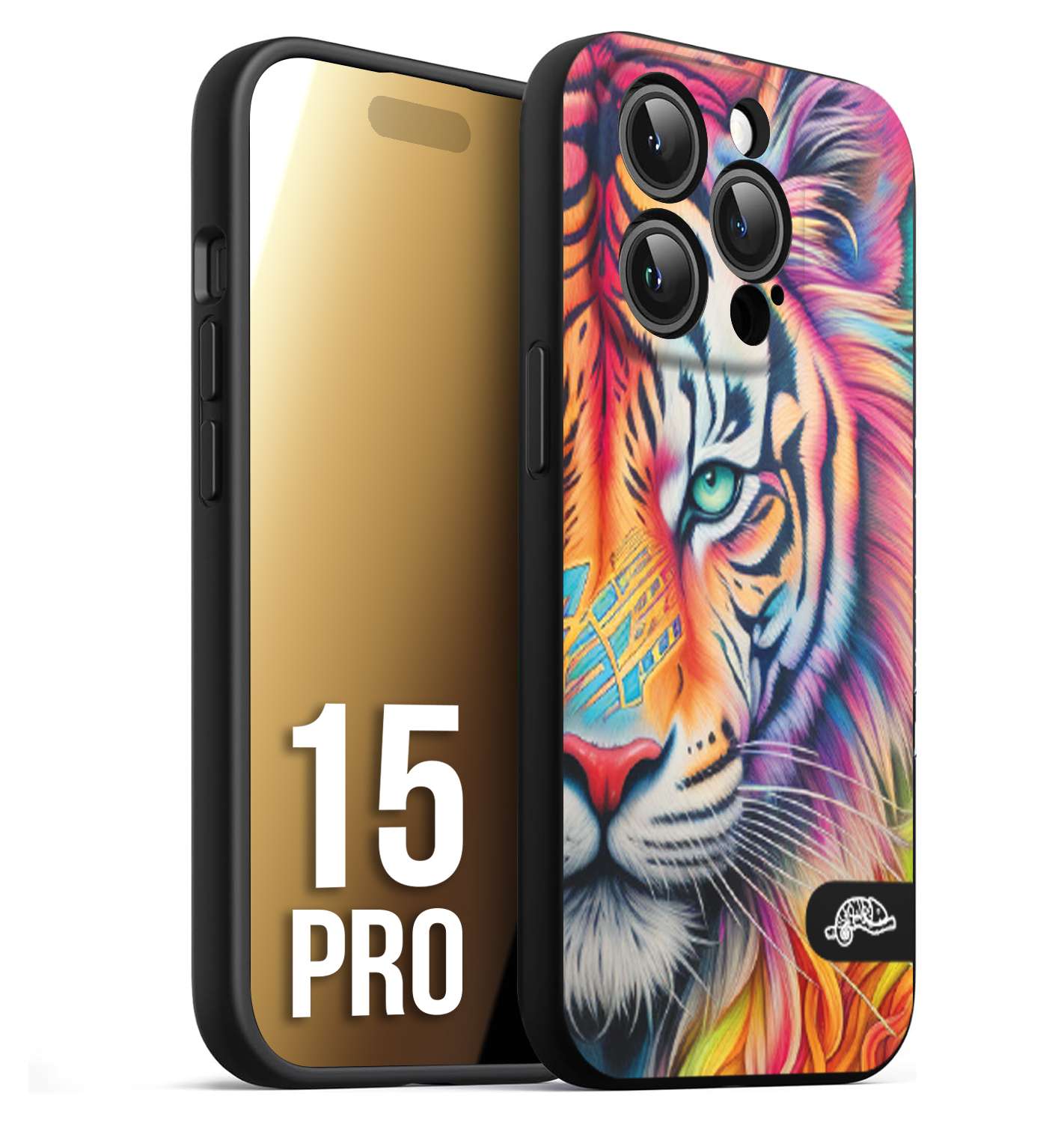 CUSTOMIZZA - Custodia cover nera morbida in tpu compatibile per iPhone 15 PRO animali color tigre tiger viso colori vibranti disegnato schizzo