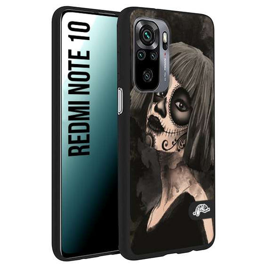 CUSTOMIZZA - Custodia cover nera morbida in tpu compatibile per Xiaomi Redmi Note 10 chicana messicana dea de la muerte donna santa tattoo disegnata