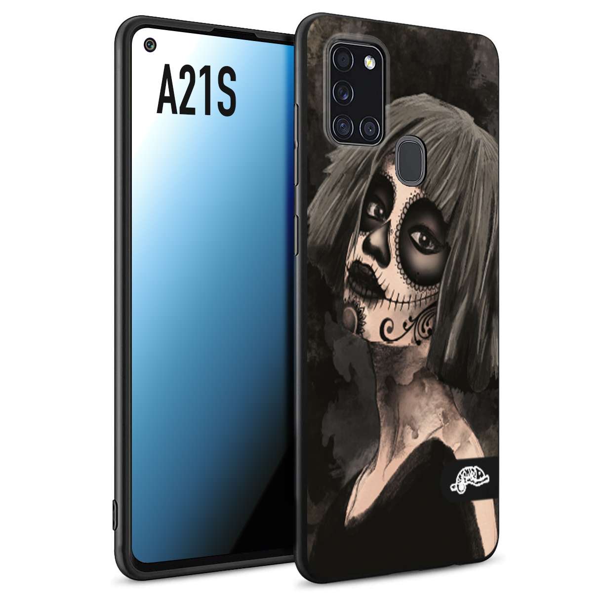 CUSTOMIZZA - Custodia cover nera morbida in tpu compatibile per Samsung A21S chicana messicana dea de la muerte donna santa tattoo disegnata