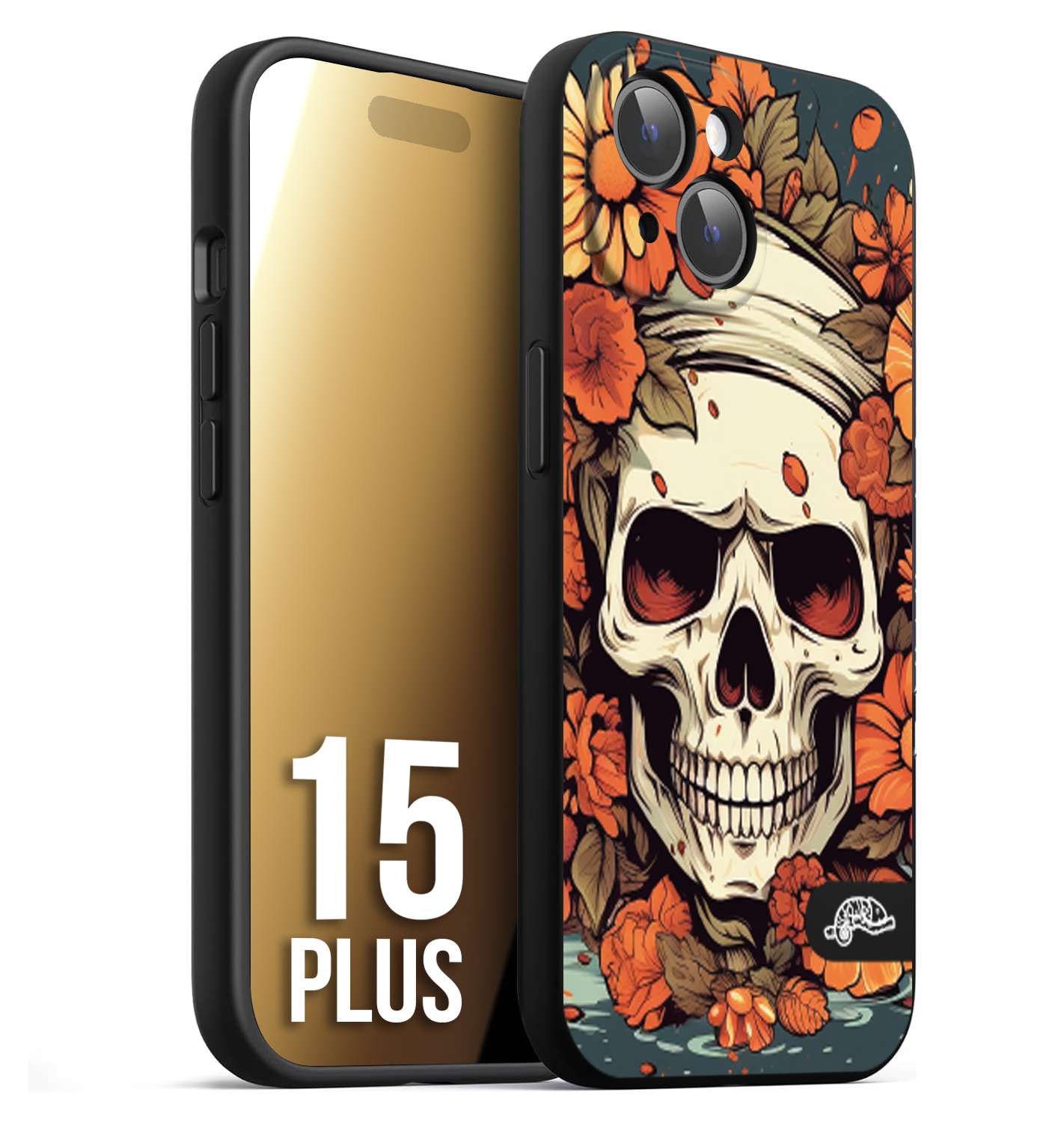 CUSTOMIZZA - Custodia cover nera morbida in tpu compatibile per iPhone 15 PLUS teschio skull flowers fiori tattoo disegnato alta definizione