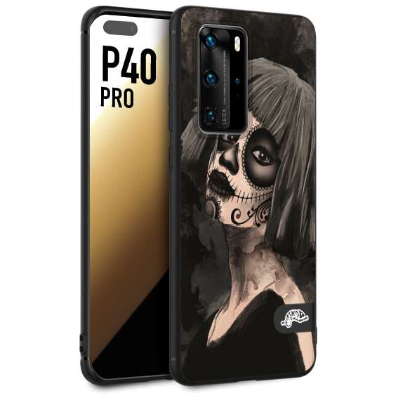 CUSTOMIZZA - Custodia cover nera morbida in tpu compatibile per Huawei P40 PRO chicana messicana dea de la muerte donna santa tattoo disegnata