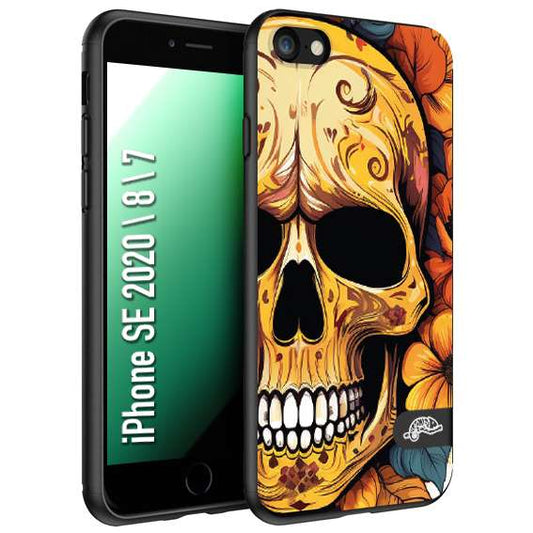 CUSTOMIZZA - Custodia cover nera morbida in tpu compatibile per iPhone 7 - 8 - SE 2020 / 2022 teschio messicano colorato dorato fiori autunnali disegnato