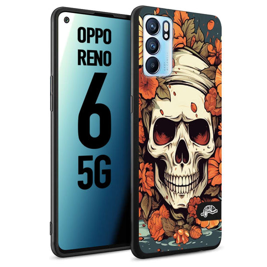 CUSTOMIZZA - Custodia cover nera morbida in tpu compatibile per Oppo Reno 6 5G teschio skull flowers fiori tattoo disegnato alta definizione