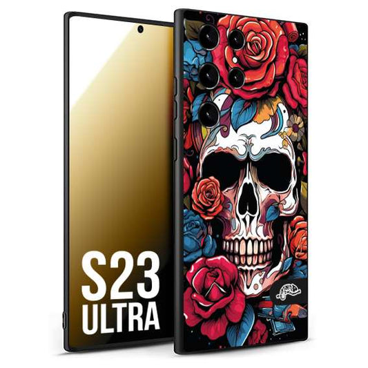 CUSTOMIZZA - Custodia cover nera morbida in tpu compatibile per Samsung S23 ULTRA teschio skull flowers fiori rose rosse tattoo disegnato