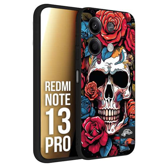 CUSTOMIZZA - Custodia cover nera morbida in tpu compatibile per Xiaomi Redmi Note 13 PRO teschio skull flowers fiori rose rosse tattoo disegnato