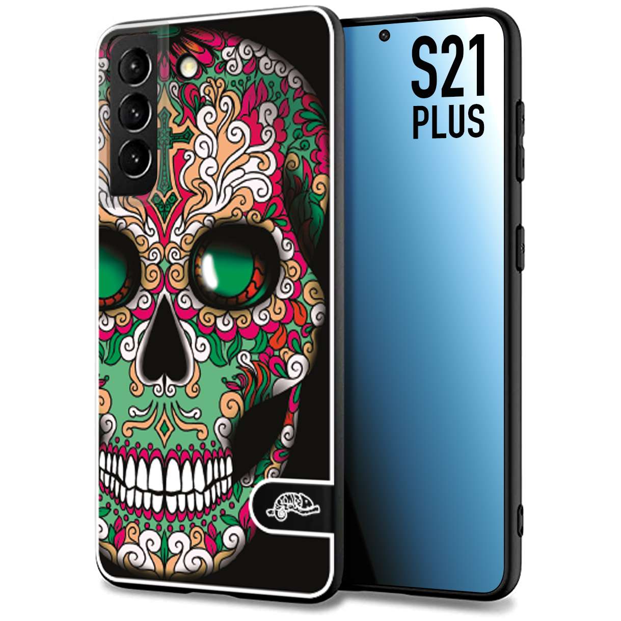 CUSTOMIZZA - Custodia cover nera morbida in tpu compatibile per Samsung S21 PLUS teschio messicano Mexican skull verde fucsia