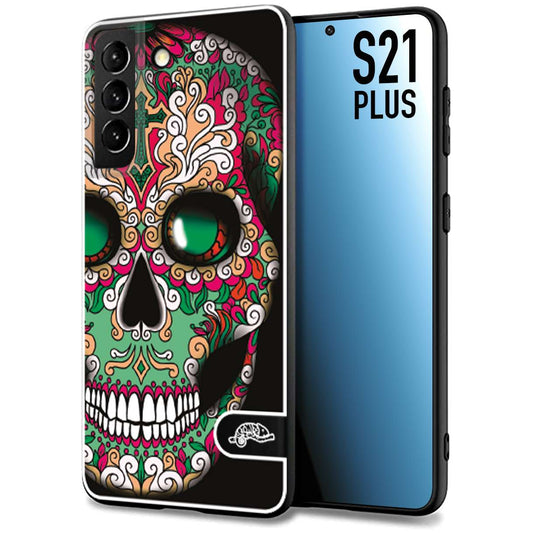 CUSTOMIZZA - Custodia cover nera morbida in tpu compatibile per Samsung S21 PLUS teschio messicano Mexican skull verde fucsia