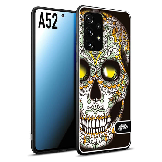 CUSTOMIZZA - Custodia cover nera morbida in tpu compatibile per Samsung A52 teschio messicano Mexican skull bianco verde giallo