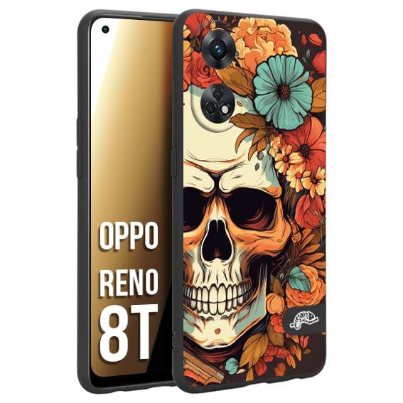 CUSTOMIZZA - Custodia cover nera morbida in tpu compatibile per Oppo Reno 8T teschio skull flowers fiori autunnali arancio celeste tattoo