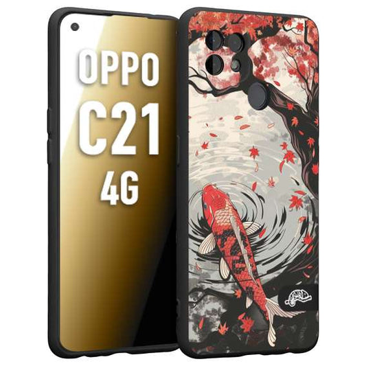 CUSTOMIZZA - Custodia cover nera morbida in tpu compatibile per Oppo Realme C21 4G giapponese lago carpa koi rossa con foglie d'acero rosso disegnata tattoo