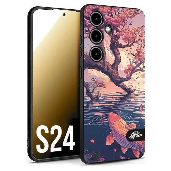 CUSTOMIZZA - Custodia cover nera morbida in tpu compatibile per Samsung S24 giapponese lago carpa koi rosa con foglie d'acero disegnata tattoo