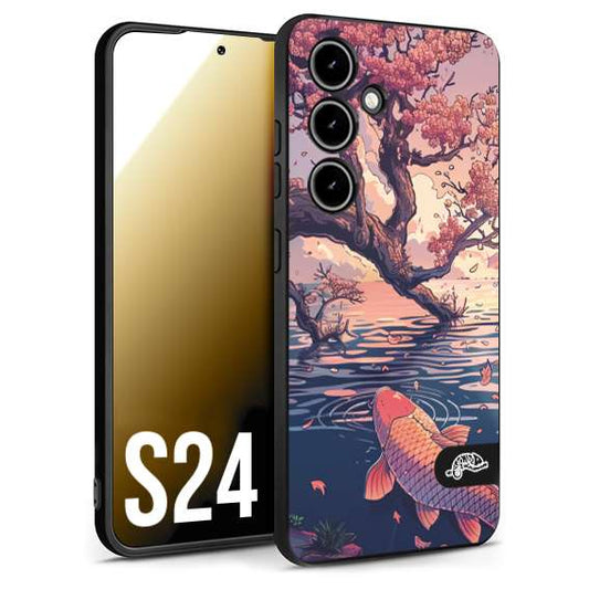 CUSTOMIZZA - Custodia cover nera morbida in tpu compatibile per Samsung S24 giapponese lago carpa koi rosa con foglie d'acero disegnata tattoo