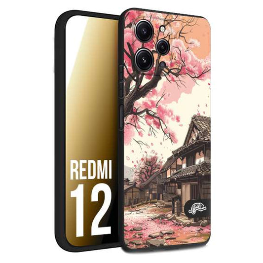 CUSTOMIZZA - Custodia cover nera morbida in tpu compatibile per Xiaomi Redmi 12 casa giapponese rosa ciliegio in fiore disegnata tattoo