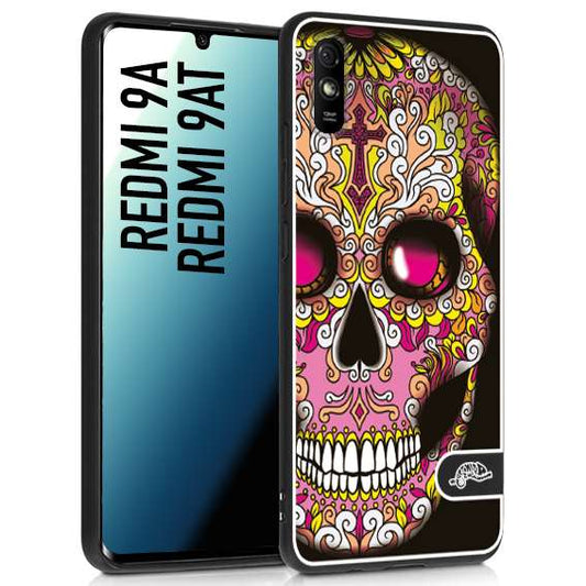 CUSTOMIZZA - Custodia cover nera morbida in tpu compatibile per Xiaomi Redmi 9A - 9AT teschio messicano Mexican skull rosa gialla