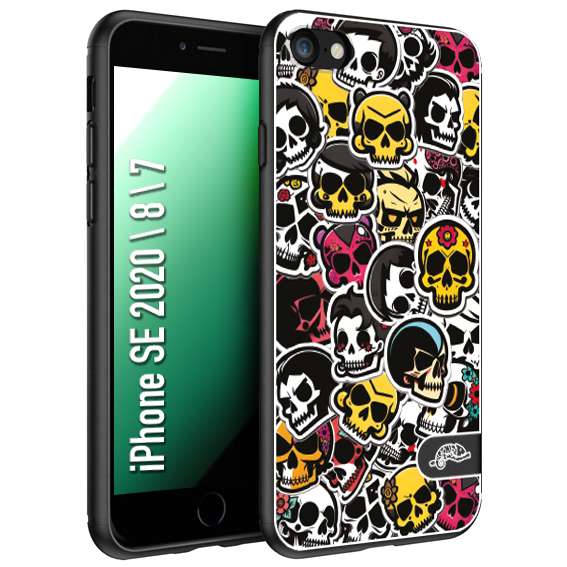 CUSTOMIZZA - Custodia cover nera morbida in tpu compatibile per iPhone 7 - 8 - SE 2020 / 2022 sticker bomb teschi colorati adesivi skulls skater snowboard