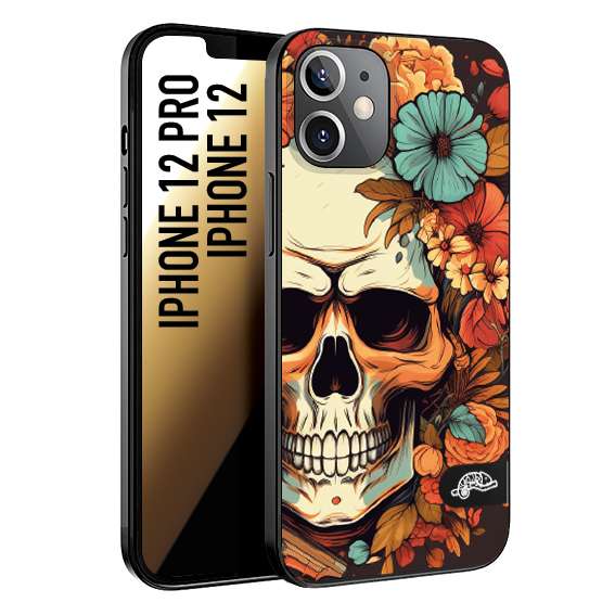 CUSTOMIZZA - Custodia cover nera morbida in tpu compatibile per iPhone 12 - 12 PRO teschio skull flowers fiori autunnali arancio celeste tattoo