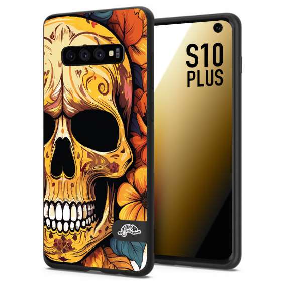 CUSTOMIZZA - Custodia cover nera morbida in tpu compatibile per Samsung S10 PLUS teschio messicano colorato dorato fiori autunnali disegnato