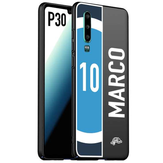 CUSTOMIZZA - Custodia cover nera morbida in tpu compatibile per Huawei P30 personalizzata calcio football nome e numero calciatori biancoazzurri bianco celesti