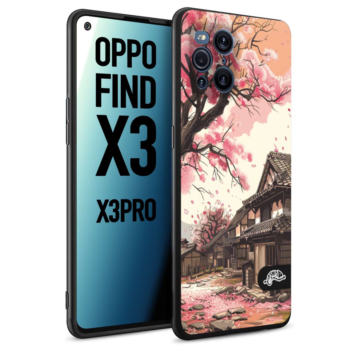 CUSTOMIZZA - Custodia cover nera morbida in tpu compatibile per Oppo Find X3 - Find X3 Pro 5G casa giapponese rosa ciliegio in fiore disegnata tattoo