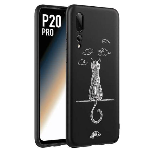 CUSTOMIZZA - Custodia cover nera morbida in tpu compatibile per Huawei P20 PRO gatto mandala stilizzato gattino a rilievo soft touch donna bianca