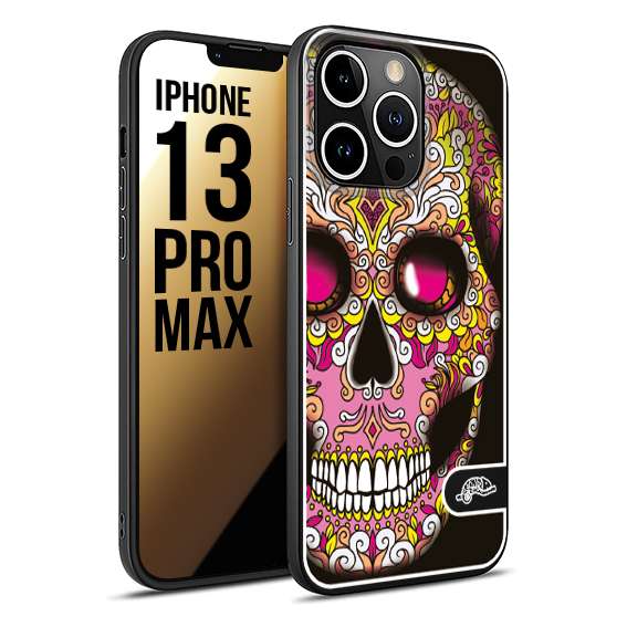 CUSTOMIZZA - Custodia cover nera morbida in tpu compatibile per iPhone 13 PRO MAX teschio messicano Mexican skull rosa gialla