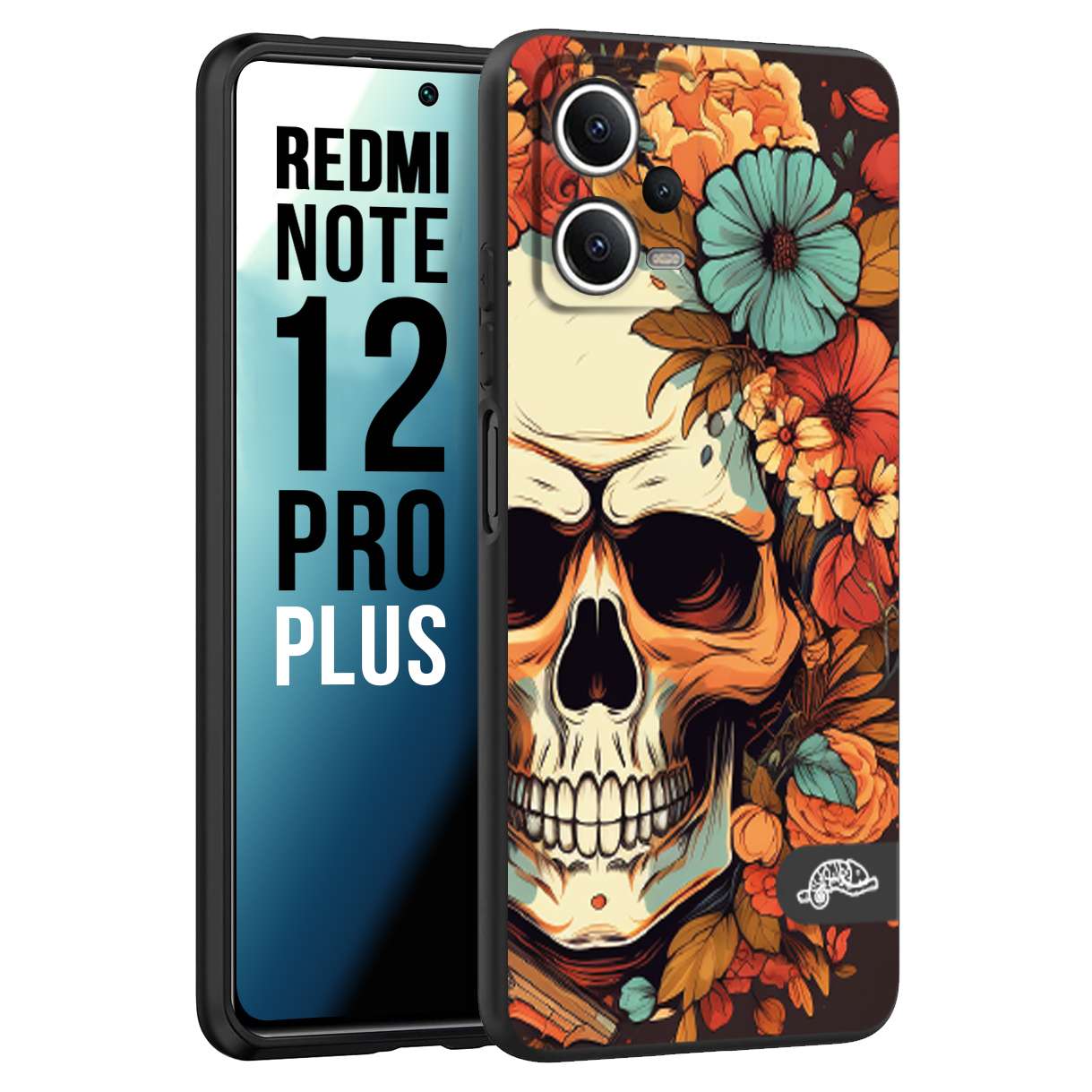 CUSTOMIZZA - Custodia cover nera morbida in tpu compatibile per Xiaomi Redmi Note 12 PRO PLUS teschio skull flowers fiori autunnali arancio celeste tattoo