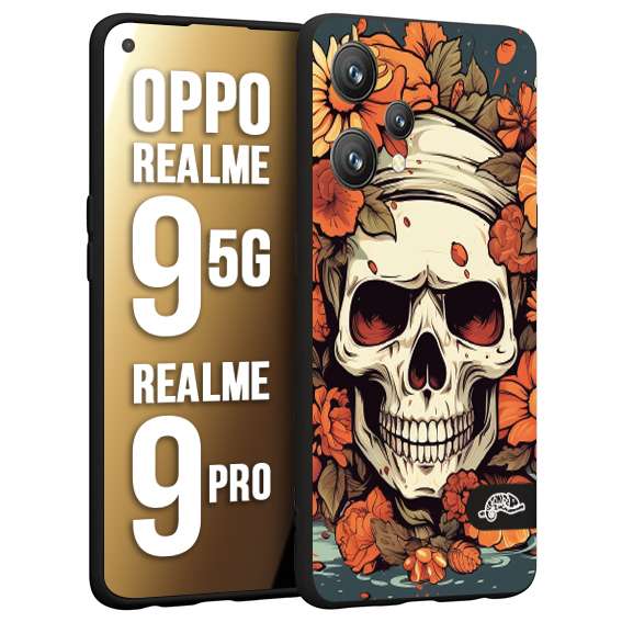 CUSTOMIZZA - Custodia cover nera morbida in tpu compatibile per Oppo Realme 9 5G - 9 PRO teschio skull flowers fiori tattoo disegnato alta definizione
