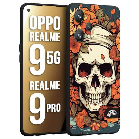 CUSTOMIZZA - Custodia cover nera morbida in tpu compatibile per Oppo Realme 9 5G - 9 PRO teschio skull flowers fiori tattoo disegnato alta definizione
