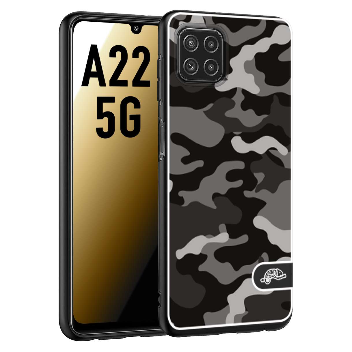 CUSTOMIZZA - Custodia cover nera morbida in tpu compatibile per Samsung A22 5G camouflage mimetico militare nero black grigio