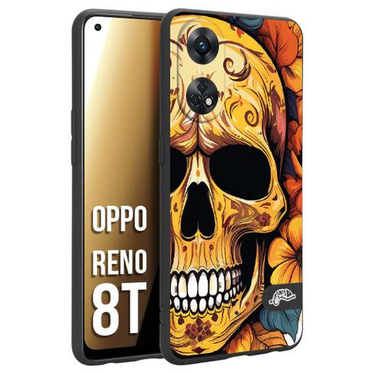 CUSTOMIZZA - Custodia cover nera morbida in tpu compatibile per Oppo Reno 8T teschio messicano colorato dorato fiori autunnali disegnato