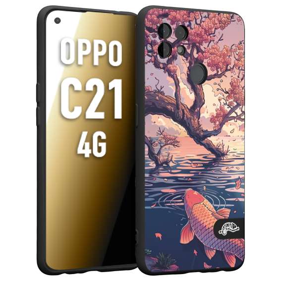 CUSTOMIZZA - Custodia cover nera morbida in tpu compatibile per Oppo Realme C21 4G giapponese lago carpa koi rosa con foglie d'acero disegnata tattoo