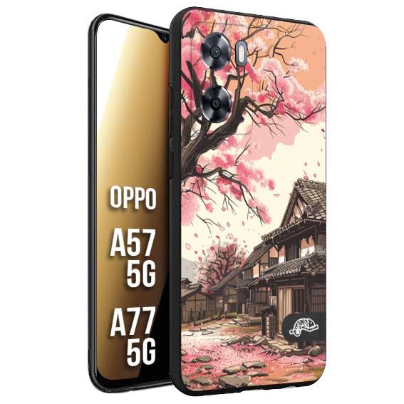 CUSTOMIZZA - Custodia cover nera morbida in tpu compatibile per Oppo A57 5G - A77 5G casa giapponese rosa ciliegio in fiore disegnata tattoo