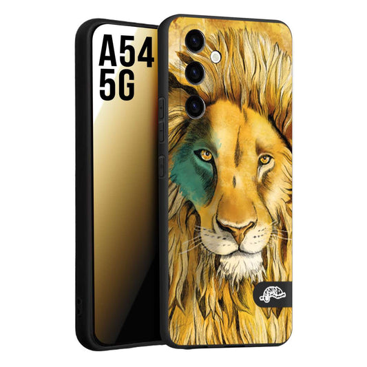 CUSTOMIZZA - Custodia cover nera morbida in tpu compatibile per Samsung A54 5G leone lion disegnato a mano giallo blu a rilievo artistico brown