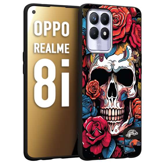 CUSTOMIZZA - Custodia cover nera morbida in tpu compatibile per Oppo Realme 8i teschio skull flowers fiori rose rosse tattoo disegnato