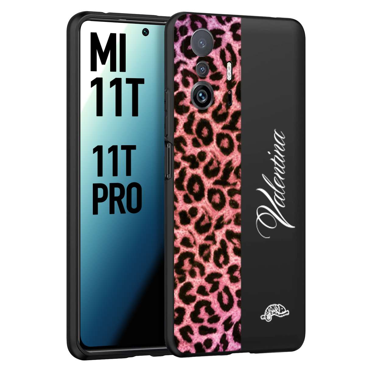 CUSTOMIZZA - Custodia cover nera morbida in tpu compatibile per Xiaomi Mi 11T - Mi 11T PRO leopardato rosa fucsia personalizzata nome iniziali