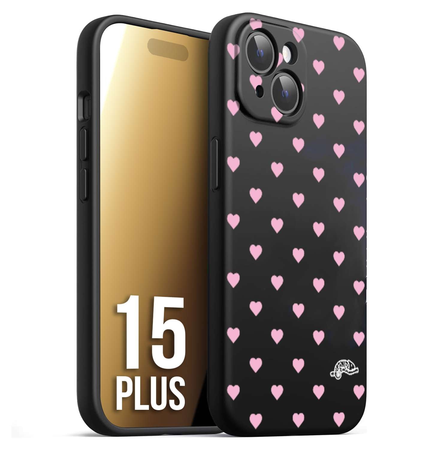 CUSTOMIZZA - Custodia cover nera morbida in tpu compatibile per iPhone 15 PLUS cuori pois rosa su nero donna pin up vintage