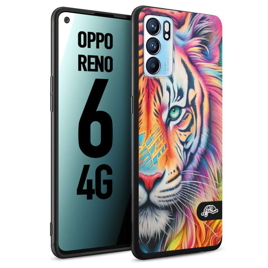 CUSTOMIZZA - Custodia cover nera morbida in tpu compatibile per Oppo Reno 6 4G animali color tigre tiger viso colori vibranti disegnato schizzo