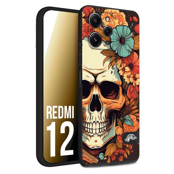 CUSTOMIZZA - Custodia cover nera morbida in tpu compatibile per Xiaomi Redmi 12 teschio skull flowers fiori autunnali arancio celeste tattoo